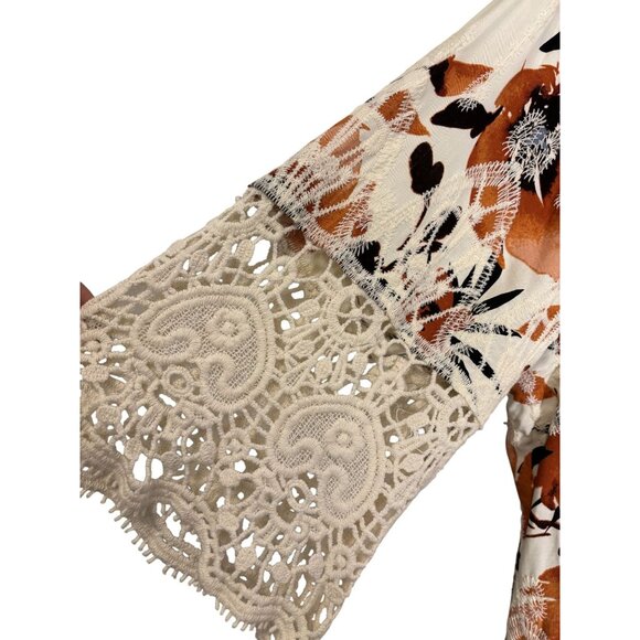 Floral Print Kimono Cardigan With Lace Trim & Bell Sleeves - Picture 2 of 8